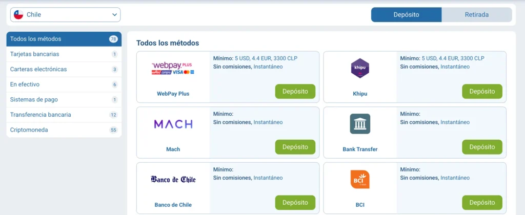 1xbet métodos de pago